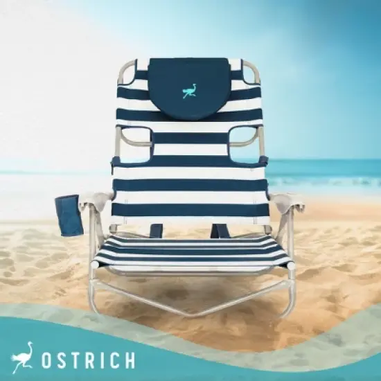 Ostrich On-Your-Back Sand Chair with Zippered Side Pocket and On-Your-Back Outdoor 5-Position Reclining Beach Chair with Backpack Strap, Striped Blue image {3}