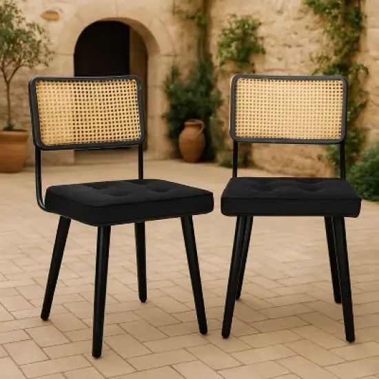 GustoWave Rattan Back Dining Chair (2 Seaters), Dining Room Vintage Chair, Black image {7}