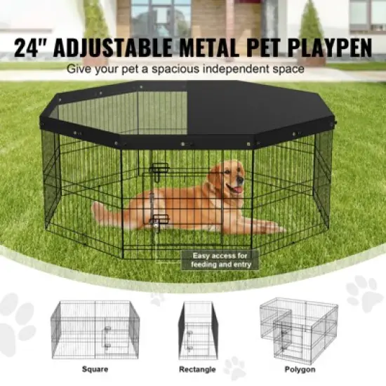 VEVOR Dog Playpen, 8 Panels Foldable Metal Dog Exercise Pen with Top Cover, 24" H Pet Fence Puppy Crate Kennel with Ground Stakes image {2}