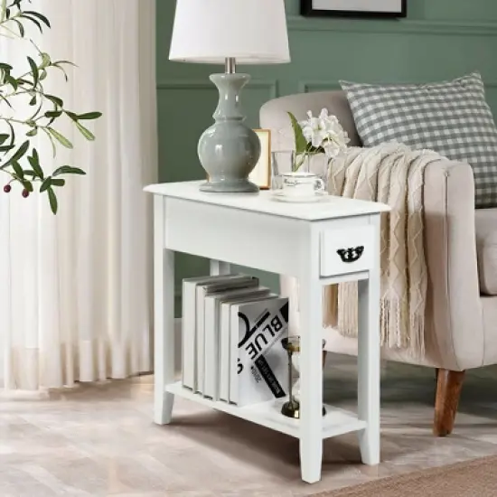 Costway 2 Tier End Bedside Sofa Side Table Narrow Nightstand w/Drawer &Shelf White image {2}