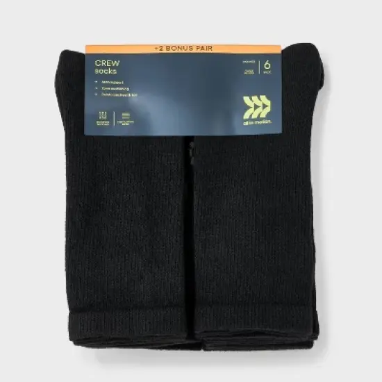 Men's Striped Surge Mesh Crew Socks 8pk - All In Motion&trade; Black 6-12: Cushioned Heel Toe, Midweight Knit image {1}