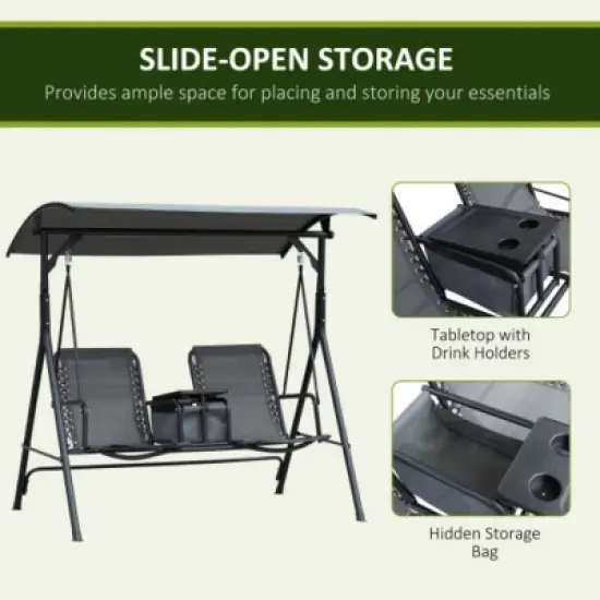 Syemin Patio Swings 2-Seat Patio Swing Chair, Outdoor Canopy Swing Glider with Storage Table, Seat Suspension, Gray, 69.25"*43.25"*64.5" image {4}