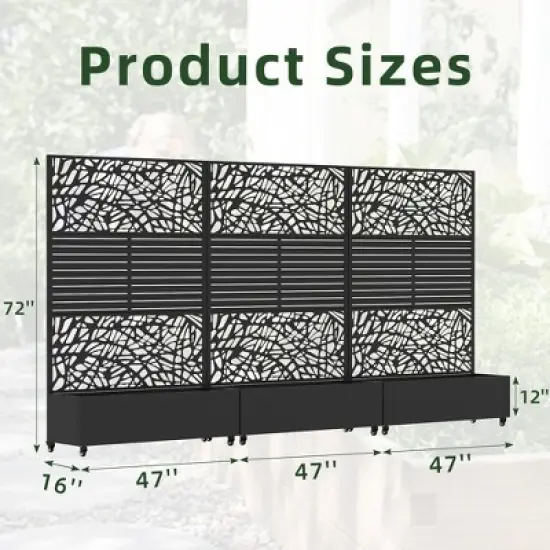 SpassWay 72"H Two-tone Patio Planter Box with Trellis Metal Raised Garden Bed Black Decorative Privacy Screen with Wheels image {7}