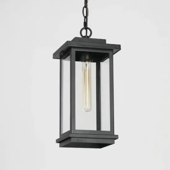 LNC 15" Square Cage Modern Outdoor Pendant Lamp Matte Black: Weather-Resistant, Glass Shade, E26 Socket, 60W image {5}