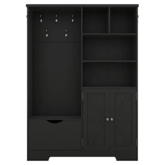 TIRAMISUBEST Hall Tree with Bench & Storage - Modern Entryway Organizer with Drawers, 5 Hooks & Shoe Cabinet, Black image {7}