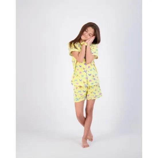 Sleep On It 2-Piece Girl's Pajama Shorts Set Featuring Multicolored Butterflies with Matching Scrunchie - Yellow Girls Sleepwear Set image {1}