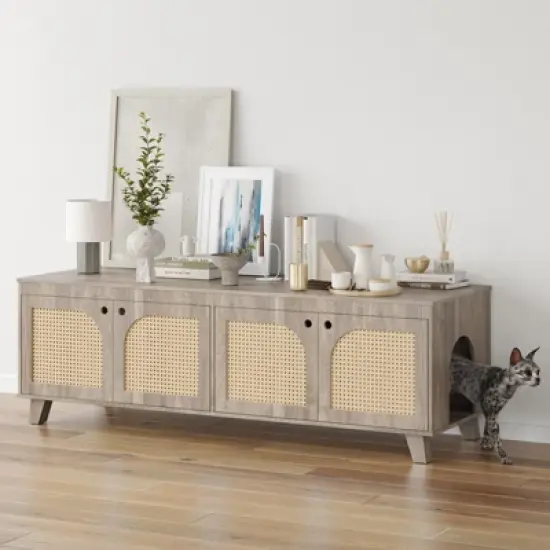 FURNIinspire Pet Crates and Houses Double Large Hidden Cat Litter Box Enclosure Furniture Cabinet with Rattan Doors, Brown, 57.9"*19.7"*19.7" image {5}