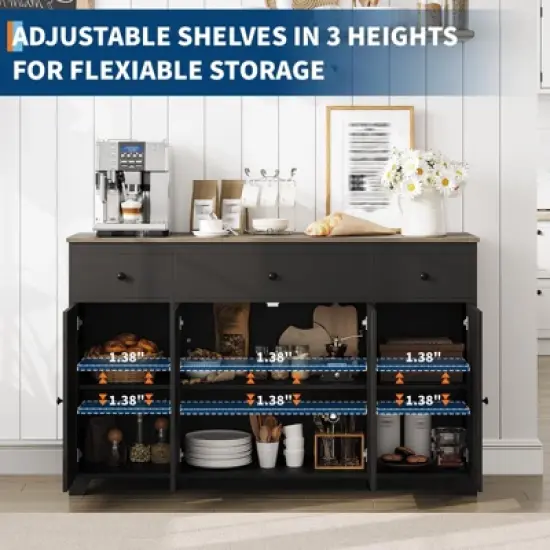 55 Large Sideboard Buffet Cabinet with 3 Drawers & Doors Farmhouse Kitchen Storage Cabinet Console Table Coffee Bar Buffet Table with Adjustable Shelf image {3}