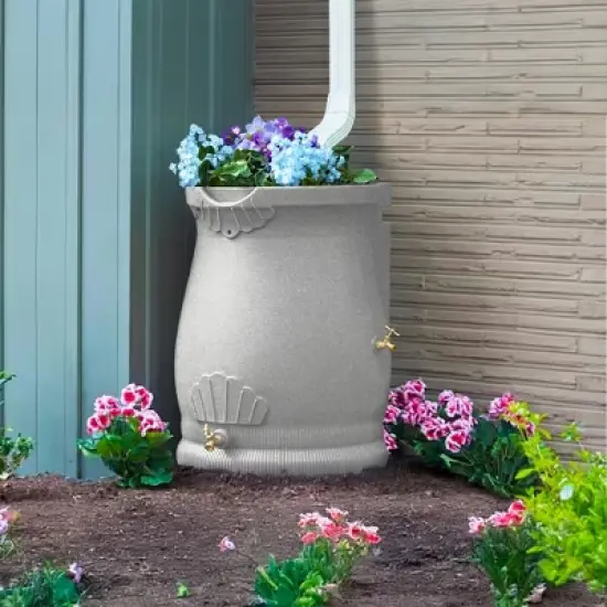Good Ideas Rain Wizard Plastic Resin Urn, 50 Gallon Rain Barrel, Light Granite and Good Ideas Rain Wizard Rain Barrel Stand, Adds Room for Buckets image {4}