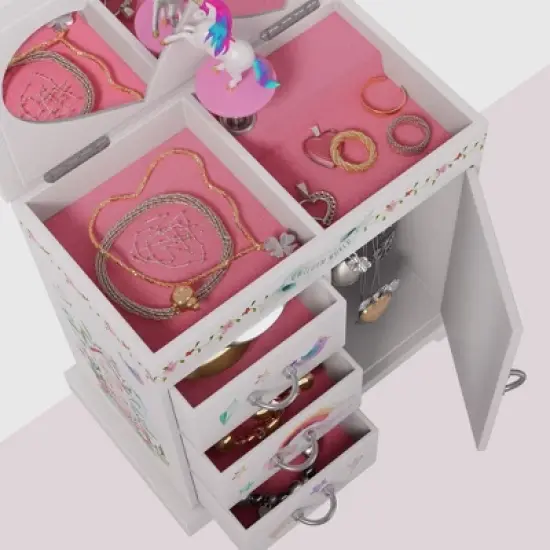 Pretty Me Unicorn Music Jewelry Box with Twirling Figurine, Heart-Shaped Mirror, and Storage Drawers image {1}