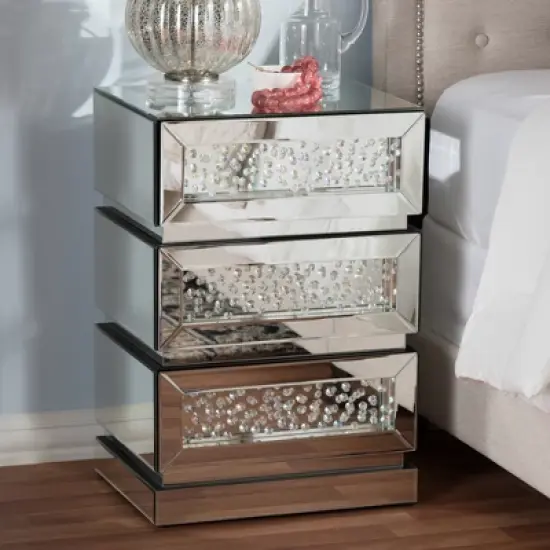 Sabrina Hollywood Regency Glamour Style Mirrored 3 - Drawer Nightstand - Baxton Studio image {5}