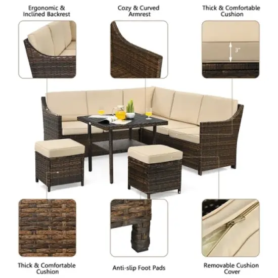Costway 6PCS Patio Rattan Dining Sofa furniture Set Ottoman Table Lower Shelf image {4}