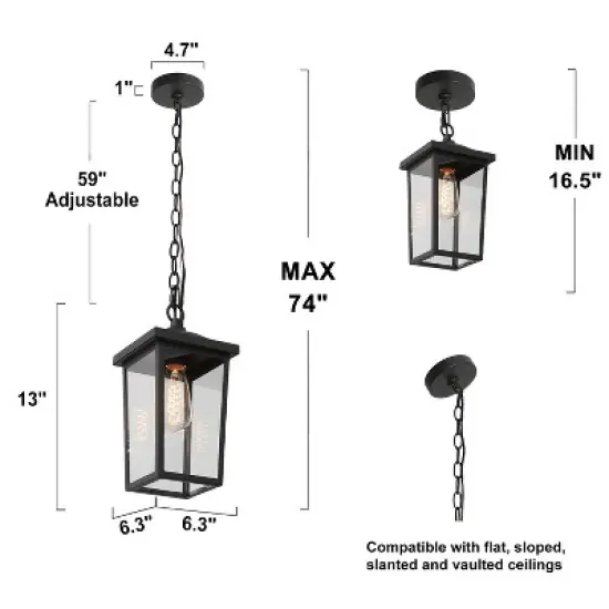 13" Metal/Glass Square Cage Modern Outdoor Pendant Light Black - LNC image {8}