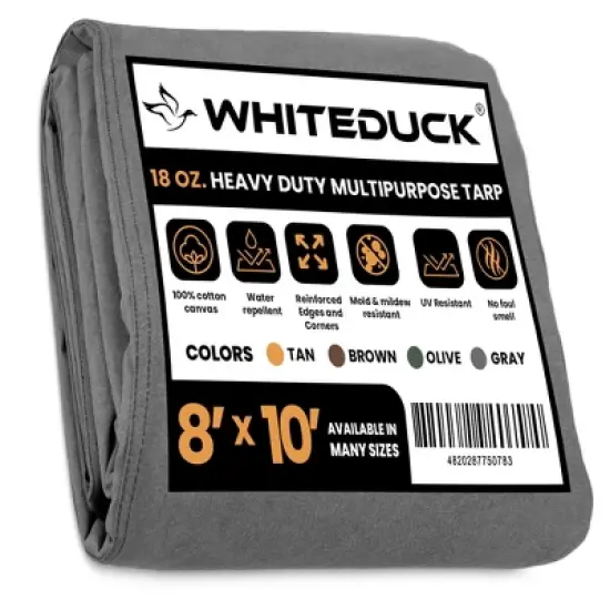 WHITEDUCK Tarp 8 x 10 ft Canvas Outdoor Heavy Duty Water-Resistant Tarpaulin Cover, 18 oz Loomstate Cotton with Stainless Steel Grommets, Gray image {15}