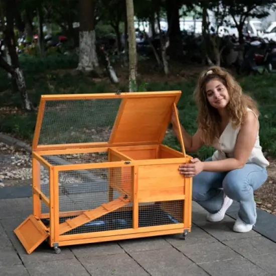 AZL1 Life Concept Pet Crates and Houses 2-Tier Rabbit Hutch, Bunny Cage with Run, Openable Roof, Pet House for Guinea Pigs, Orange, 21.9"*58.9"*28.5" image {1}