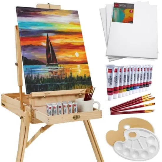 Best Choice Products French Easel, 32pc Beginners Kit Portable Wooden Adjustable Tripod  w/ Paint Supplies image {7}