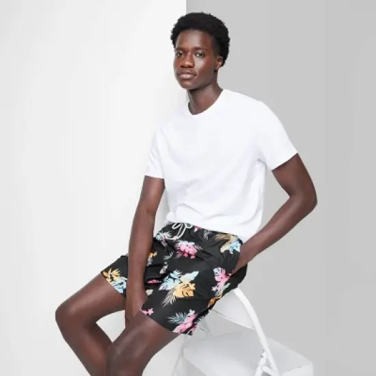 Men's 7" Elastic Waist Botanical Swim Shorts - Original Use&trade; Black image {2}