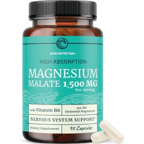 High Absorption Magnesium Malate Capsules, 1500MG Mag Malate with VIT B6 + Black Pepper for Energy & Nervous System Support, Nobi Nutrition, 90ct image {9}