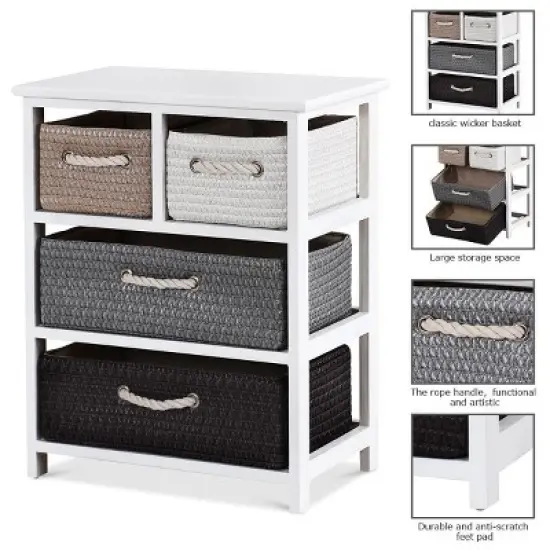 Costway Storage Drawer Unit 4 Woven Basket Cabinet Chest Bedside Table Nightstand image {4}
