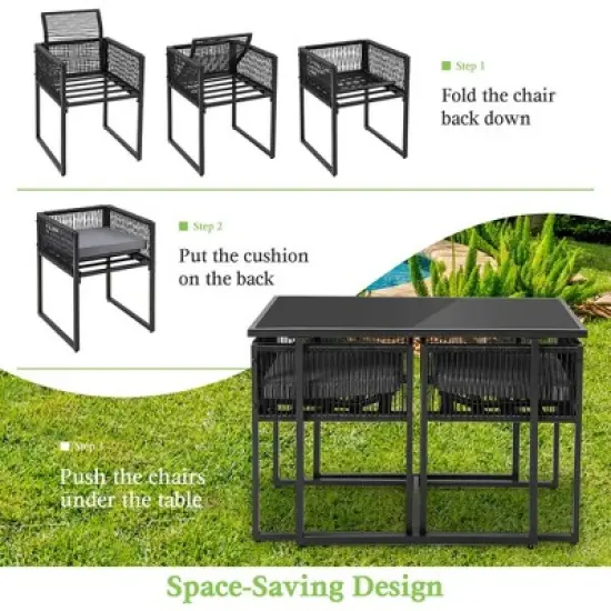 Costway 3PCS Patio PE Wicker Furniture Set Cushioned Chairs with Folding Backrest Backyard image {7}