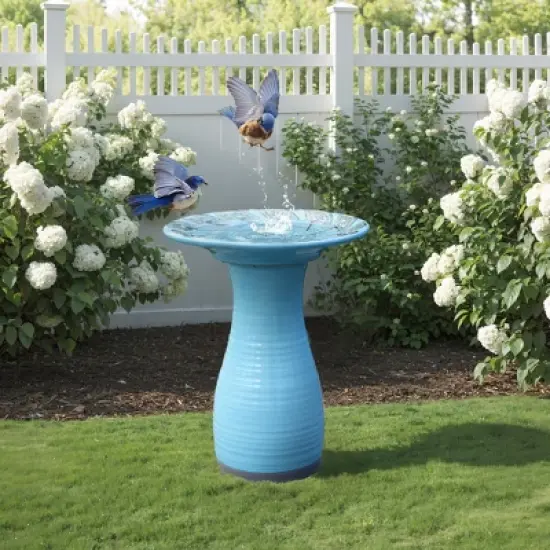 LuxenHome 20" Elegant Tall Ceramic Bird Bath for Outside with Leaf Pattern, Sky Blue image {6}