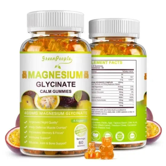 GreenPeople Magnesium Glycinate Gummies 400mg with Calcium, Potassium, Vitamin D for Stress Relief & Sleep, 60 Ct (Passion fruit flavor) image {1}