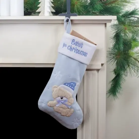 Northlight Baby's 1st Christmas Embroidered Teddy Bear Stocking - 19" - Blue and White image {1}