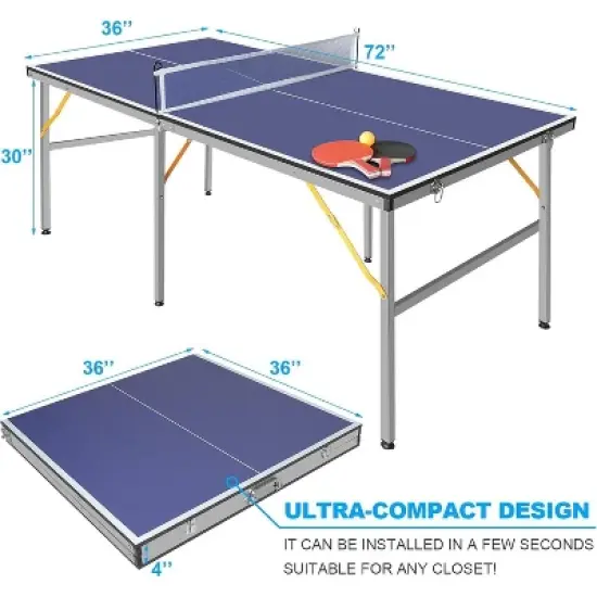 Table Tennis Table, Professional Ping Pong Table, 6&times;3 FT Foldable and Portable Ping Pong Table Set with Net, 2 Table Tennis Paddles and 3 Balls for image {1}