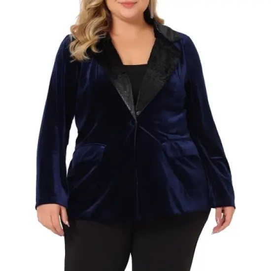 Agnes Orinda Women's Plus Size Velvet Vintage Evening Sparkle Button Contrast Notched Lapel Suit Blazers image {5}
