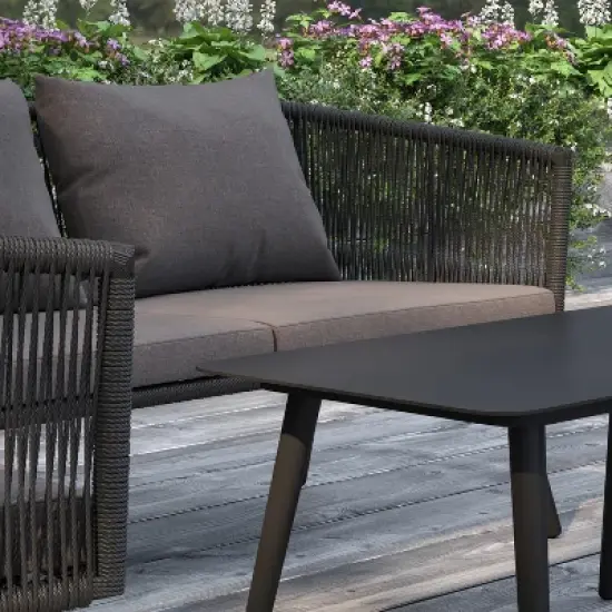 Merrick Lane Outdoor Furniture 4 Piece Black Woven Aluminum Frame Loveseat, 2 Chair and Coffee Table Set With Gray Cushions image {10}