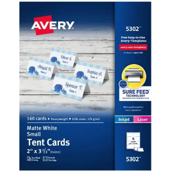 Avery Printable Tent Cards with Sure Feed Technology, 2" x 3.5", White, 160 Blank Place Cards for Laser or Inkjet Printers (5302) image {9}