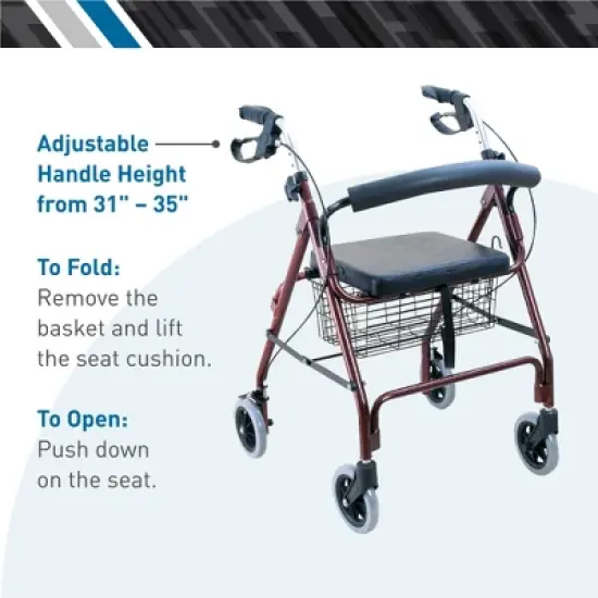 BodyMed Regular Aluminum Rollator, Medical Roller, PVC Soft Seat, Walking Aid, Elder Assistance, Four Wheels, Burgundy with Loop Brakes image {3}
