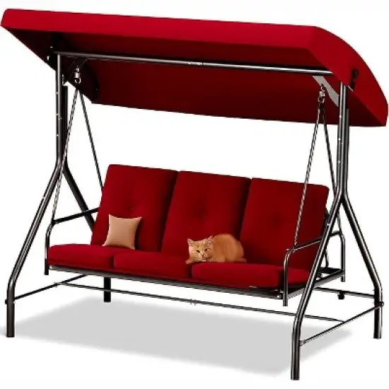 3-Seat Outdoor Porch Swing with Canopy &ndash; Convertible Glider Bed with Thick Cushions & Pillows for Adults &ndash; Backyard, Garden, Patio &ndash; Burgundy Maple99 image {6}