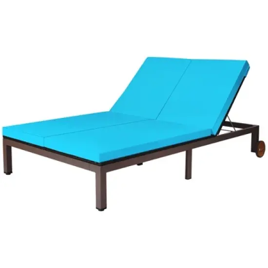 Costway 2-Person Patio Rattan Lounge Chair Chaise Recliner Adjustable Cushion Turquoise image {9}