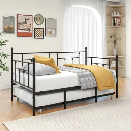 Twin Size Daybed Metal Frame with Trundle Set, Twin Day Bed Sofa, Daybed and Roll Sofa Bed for Guest Room, Bedroom, Living Room, Victorian Style image {2}
