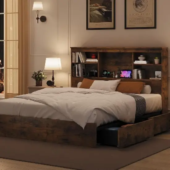 Full/Queen Size Bed Frame with Storage - 51" Bookcase Headboard, 4 Drawers, Charging Station, No Box Spring Needed, 1000LBS Capacity image {1}