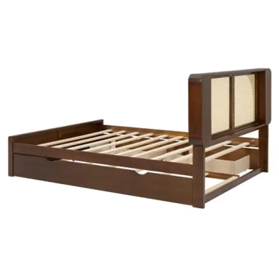 Queen Size Bed Frame with Trundle, Wood Platform Bed with Rattan Headboard & 2 Drawers, Wooden Slats Support, No Box Spring Required image {7}