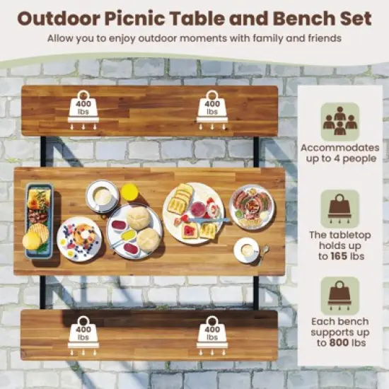 Tangkula Acacia Wood Picnic Table 4-Person Outdoor Table and Bench Set with 2 Built-in Benches Footrests Umbrella Hole Heavy-Duty Metal Frame image {6}