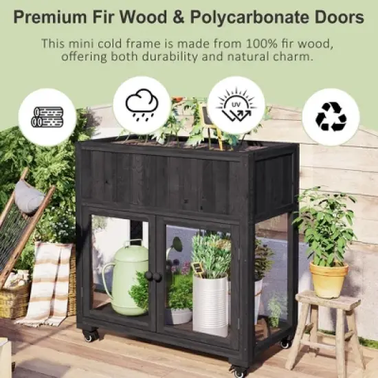 YOOCOZZ Patio 2 Doors Garden Greenhouse, Mini Wood Cold Frame with Wheels image {2}