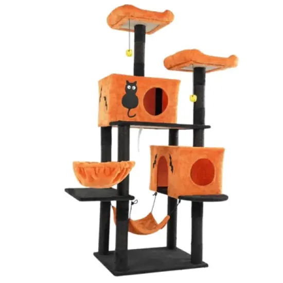 Angel Sar 61" Halloween Cat Tree with 2 Condos, 2 Hammocks & Perches, Large Cat Tower with Scratching Posts for Multiple Cats, Orange & Black image {6}