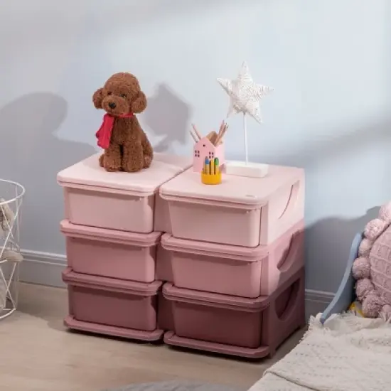 Qaba 3 Tier Kids Storage Unit with 6 Drawers Chest Toy Organizer Plastic Bins for Kids Bedroom Nursery Living Room for Boys Girls Toddlers, Pink image {1}