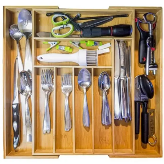 5 Star Super Deals 2 Bamboo Expandable Drawer Organizer For Utensils Holder - 8 Organizing Compartments  Adjustable Cutlery Tray, Wood Drawer Divider image {4}