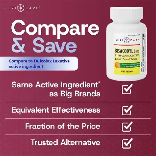 Geri Care Bisacodyl 5mg Stimulant Laxative Enteric Coated Relief Tablets, 100 Count image {2}