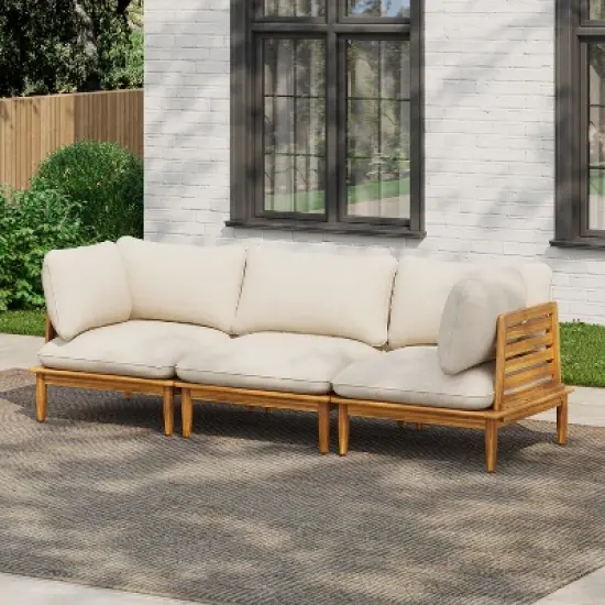 Scott Living Sacova Outdoor Acacia Wood 3-Seater Sofa, Teak Finish Frame with Beige Cushion image {1}