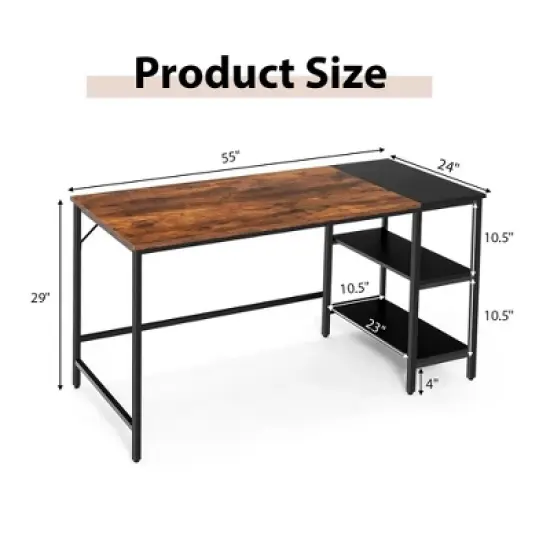 Costway 55'' Computer Desk Writing Workstation Study Table Home Office with Bookshelf Black/Rustic image {3}