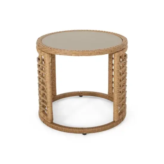 GDFStudio Achill Circular Outdoor Wicker and Tempered Glass Side Table image {8}