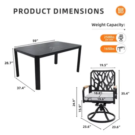 DOMETOUR 5Pcs Outdoor Patio Aluminum Furniture Set, Modern Dining Set with 4 Swivel Rockers Branch-Like Backrest, Rectangular Table with Umbrella Hole image {4}