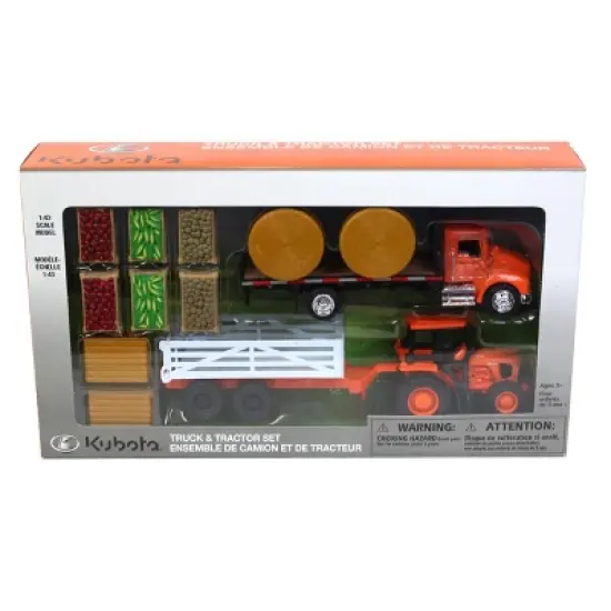 New Ray 1/43 Kubota Farm Tractor Play Set with Truck, Trailer, Crates, & Bales SS-15815A image {1}