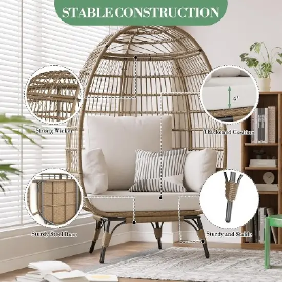 Outdoor Patio Wicker Egg Chair, PE Rattan Chair with Thick Cushion, Oversized Indoor Outdoor Lounger, Egg Shaped Seat with Metal Stand, Beige image {3}