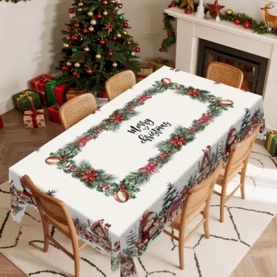 LOVEVOOK 60x86 Inch Rectangle Christmas Tablecloth, Winter Snowman Trees Red Washable Table Cover for Party Picnic Dinner Holiday Decor image {5}